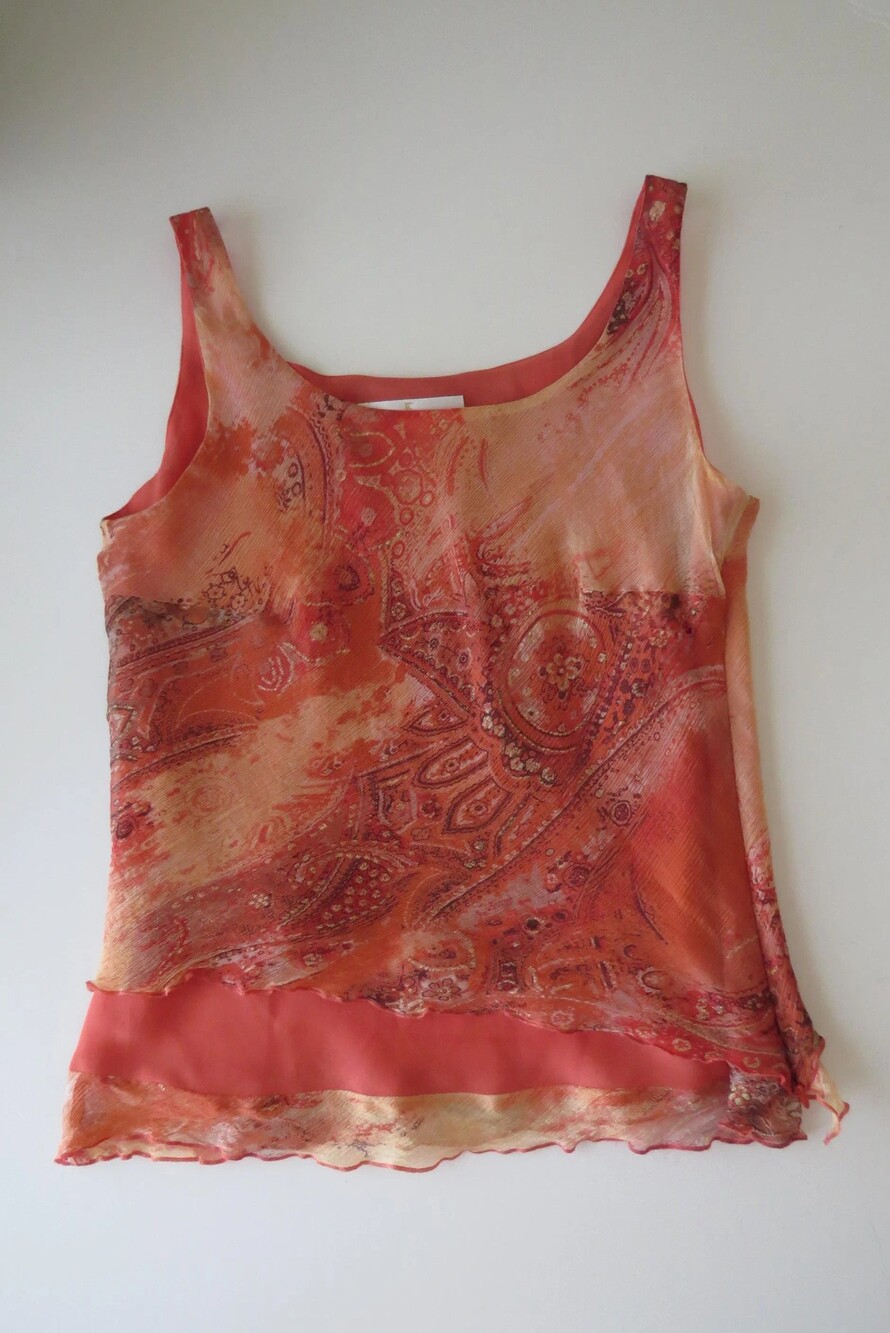 Vintage French 2000s 100% Silk Cami, Un Jour Ailleurs Coral Gold Paisley, France